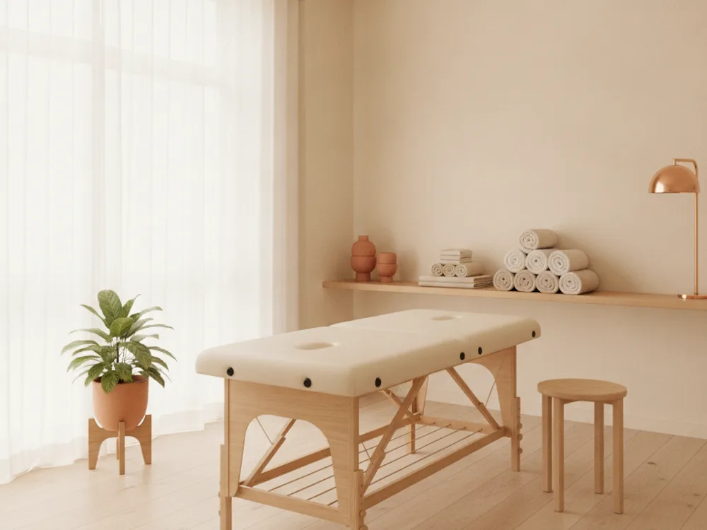 Sala de atendimento com maca, banco de madeira e planta