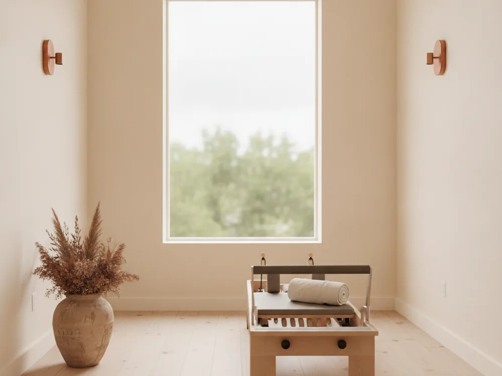 Sala de pilates com aparelho, janela grande e piso de madeira clara