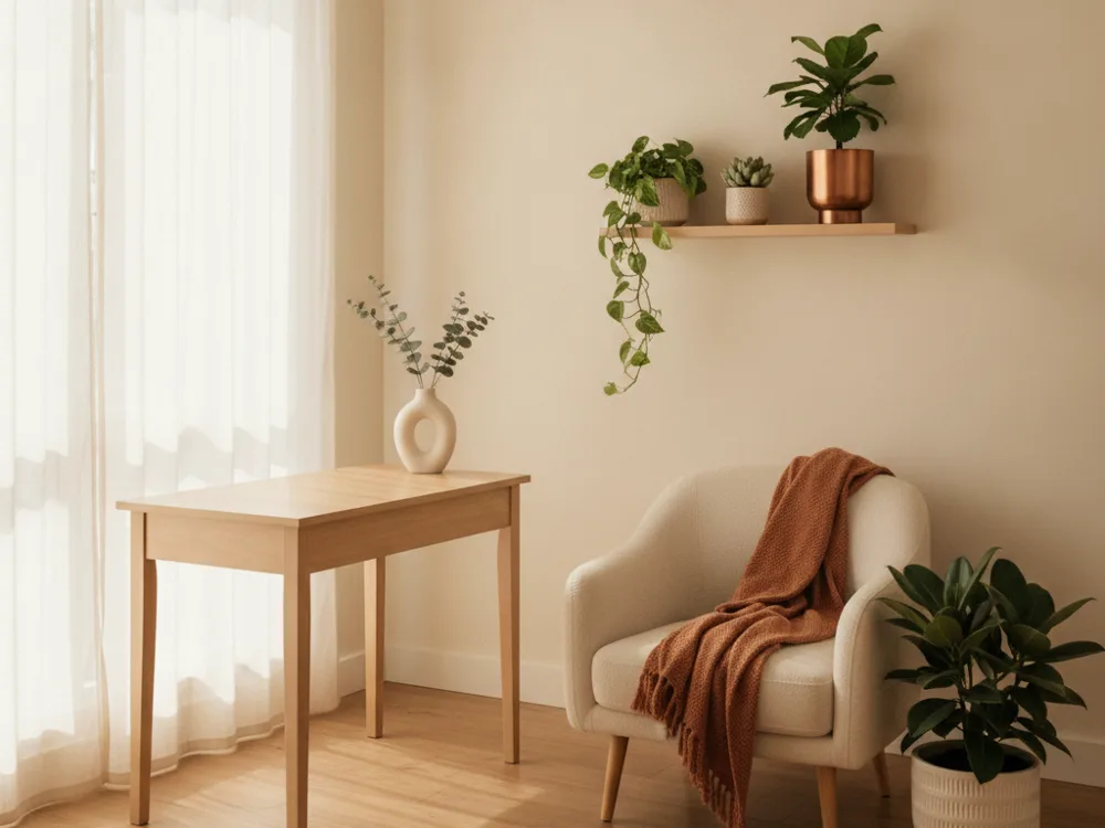 Cantinho de recepção com poltrona, mesa e plantas